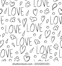 Seamless pattern with heart and love text