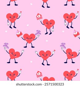 Seamless pattern with heart mascot. Happy Valentine`s day. 