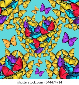 seamless pattern  heart of morpho butterfliese butterfly monarch on blue  vector illustration