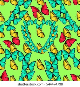 seamless pattern  heart of morpho butterfliese butterfly monarch on green vector illustration