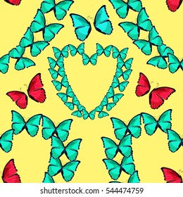 seamless pattern  heart of morpho butterfliese butterfly monarch  vector illustration