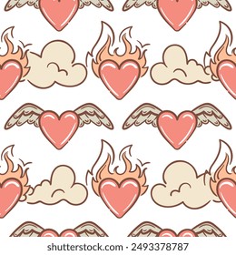 Seamless pattern heart on fire, with angel wings. Vector illustration in 2000s style. Flame. Aesthetics of the 90s, 00s. Trendy color Peach Fuzz. For wallpaper, fabric, wrapping, background.