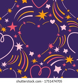 Seamless pattern heart on the starry sky. Cosmic background stars, comets, meteorites, constellations. Space Galaxy. Cosmic love and romance. Hand drawn vector illustration in Scandinavian style. 