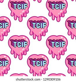 Seamless pattern with heart patches with “tgif” text (“Thank God It’s Friday). Vector wallpaper with stickers. White background.