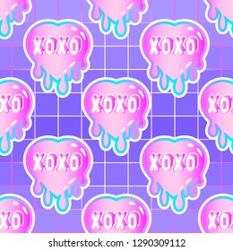 Seamless pattern with heart patches with “xoxo” text. Vector wallpaper with stickers in pastel goth style. Purple gradient grid background.