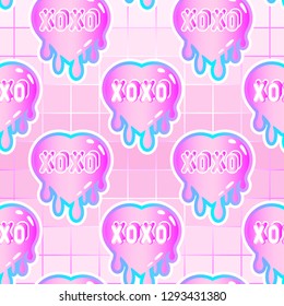 Seamless pattern with heart patches with “xoxo” text. Vector wallpaper with stickers in pastel goth style. Pink gradient background.