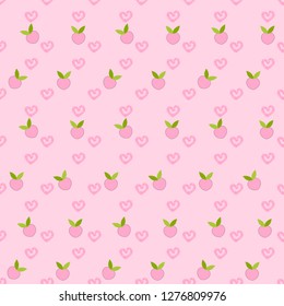 seamless pattern of heart and peach on pink background.