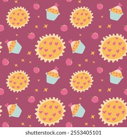 Seamless pattern of heart pies and cupcakes on purple background.