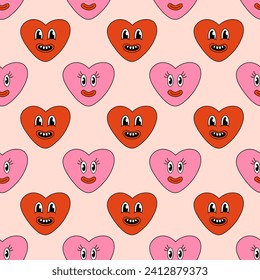 Seamless Pattern with Heart Pink and Red Smile Character for Valentine Day. Mascot in groovy and Y2k style. Vector cartoon illustration.