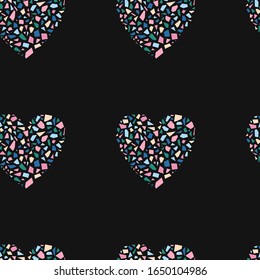 Seamless pattern with heart from pink terrazzo marble on black background. Love symbol for texture, floor, tile, background. Vector Illustration