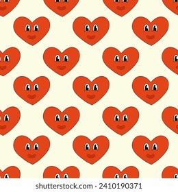 Patrón sin foco con el personaje rojo cardíaco sonríe para San Valentín. Mascota en groovy y estilo Y2k. Ilustración de dibujos animados.