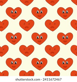 Seamless Pattern with Heart Red Character Smile and Sad for Valentine Day. Mascot in groovy and Y2k style. Vector cartoon illustration.