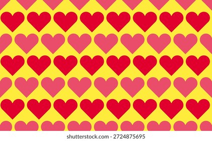 Seamless pattern of heart with red and pink colors on a yellow background.vector,flat geometric design, for love themes, Valentine cards, wallpapers, textiles, wrapping paper, cover, backdrop, fabric