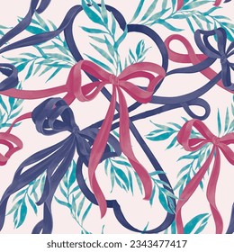 Seamless pattern of heart ribbon botanical leaves in special anniversary, Christmas, new year day for wallpaper, gift wrapping paper, textile and fabric. 