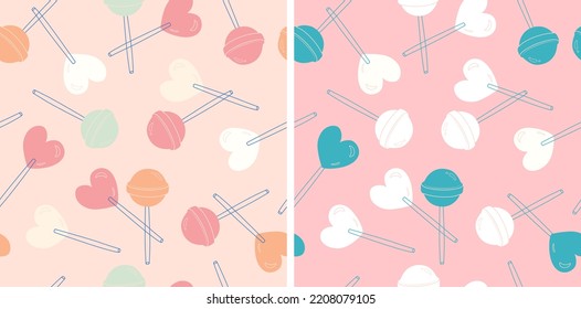 Seamless pattern with heart and round shaped lollipops on a light background