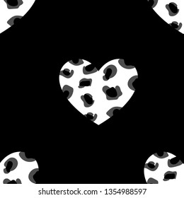 Seamless pattern of heart shape with animal skin in black and white, leopard skin, Wild animals print in for textile or wall paper