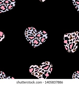 Seamless pattern of heart shape with animal skin in pink, black and white, Leopard pattern, Wild animals print in for textile, wall paper or printing