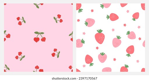 Seamless pattern with heart shape cherries on pink background.  Seamless pattern with strawberry and little flower on white background vector.