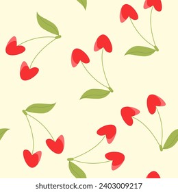 Seamless Pattern with Heart Shape Cherry. Summer Background. Vector Flat Illustration.