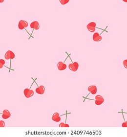 Seamless pattern with heart shape cherry fruit on pink background vector illustration. Cute fruit print.