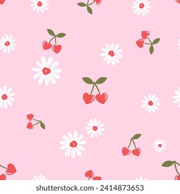 Seamless pattern with heart shape cherry fruit and cute flower on pink background vector illustration.