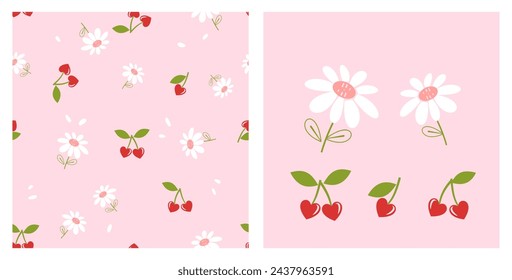 Seamless pattern of heart shape cherry fruit with green leaves and daisy flower on pink background. Daisy flower and cherry icon sign set vector.