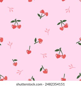 Seamless pattern of heart shape cherry fruit with green leaves and branches on pink background vector.