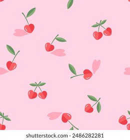 Seamless pattern of heart shape cherry with green leaves on pink background vector.