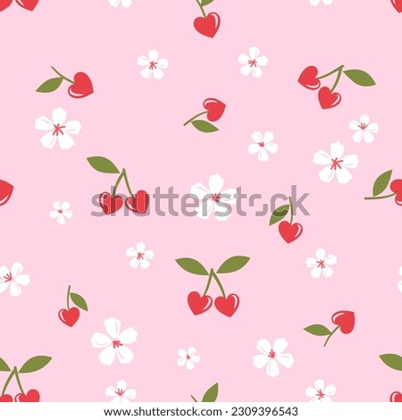 Seamless pattern with heart shape cherry fruit with green leaves on pink background vector illustration.  
