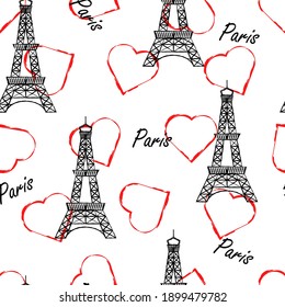 Seamless pattern with heart shape, eiffel tower and paris text on white backdrop.