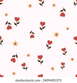 Seamless pattern with heart shape flower and yellow flower on pale pink background vector illustration.