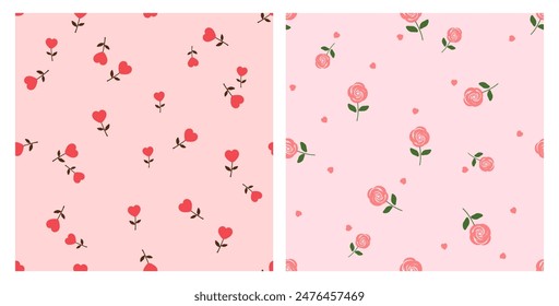 Seamless pattern with heart shape flower, rose and small hearts on pink backgrounds vector.