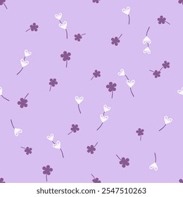 Seamless pattern with heart shape flower and purple flower on violet background vector. Cute floral fabric print.