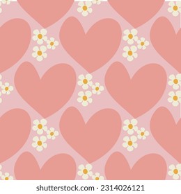 Seamless pattern with heart shape with flowers of daisy flowers in Groovy style on a light pink background