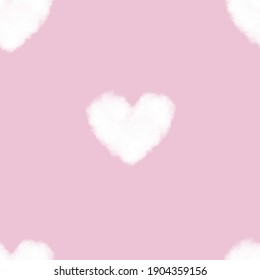 Seamless pattern Heart Shape Fluffy Cloud on Pink Background, 3D Vector mesh backgroud with Love heart for Valentine greeting card or Wedding background 