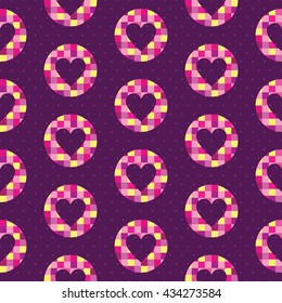Seamless pattern with a heart shape inside the circle made in mosaic style and polka dot background. Vivid pink and yellow colors.