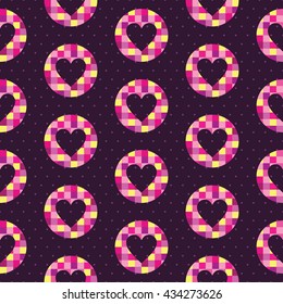Seamless pattern with a heart shape inside the circle made in mosaic style and polka dot background. Vivid pink and yellow colors.