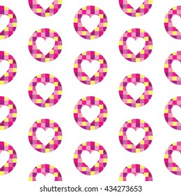 Seamless pattern with a heart shape inside the circle made in mosaic style. Modern vector background. Vivid pink and yellow colors.