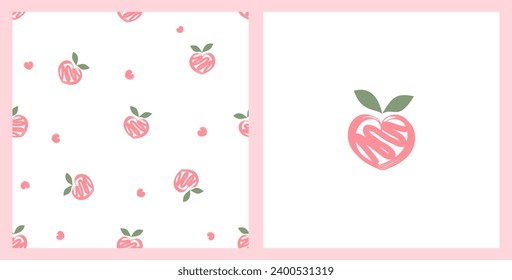 Seamless pattern of heart shape  peach fruit with green leaf on white background vector illustration. Pink peach icon isolated on white background vector illustration.