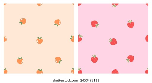 Seamless pattern with heart shape peach and strawberry fruit with green leaves on orange and pink backgrounds vector. Cute fruit print.