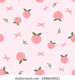 Seamless pattern with heart shape peach fruit and ribbon bows on pink background vector. Cute fruit print.