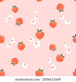 Seamless pattern of heart shape peach fruit with green leaves and white flower on pink background vector. Cute fruit print.
