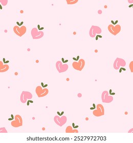 Seamless pattern of heart shape peach fruit with green leaves on pink background vector. Cute fruit print.