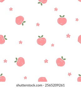 Seamless pattern of heart shape peach fruit with green leaves and pink flower on white background vector.