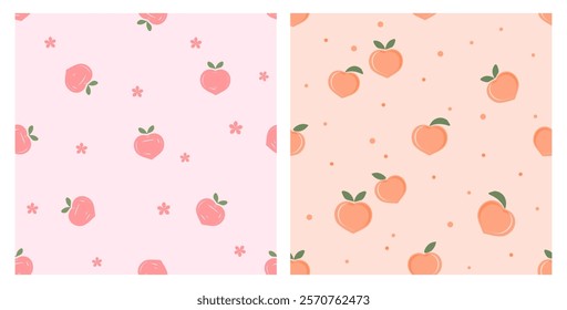 Seamless pattern of heart shape peach fruit with green leaves on pink and orange backgrounds vector.