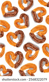 seamless pattern with heart shape pretzels and chocolate on white background