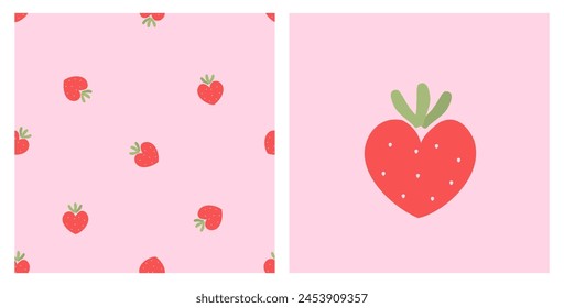 Seamless pattern with heart shape strawberry and green leaves on pink background vector. Cute strawberry icon.