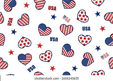 Seamless pattern of Heart Shape USA America Flag and Stars, Pattern with USA flag symbols. Vector illustration