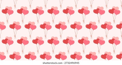 Patrón sin fisuras con globos en forma de corazón en suaves colores rosa y rojo. Fondo lindo romántico para el diseño de San Valentín, decoración de la boda, envoltura de regalos, tarjetas, impresiones, textiles y marca temática de amor.