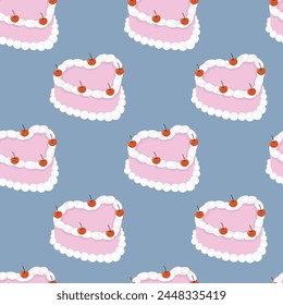 Seamless pattern with heart shaped cakes with cherry. Vector illustration.